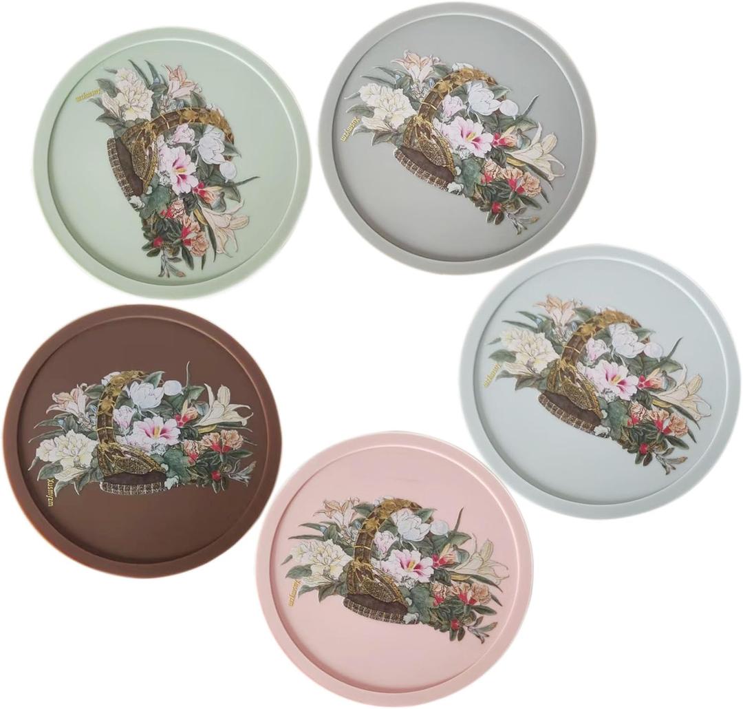 Silicone Coasters Round Cup Coaste 3.9 Inches Set of 5, Cup Mats, Thin Coasters for Table, Flower Pattern Multi Color Table Decoration Waterproof Anti Slip Store Easy,Hand Wash Only