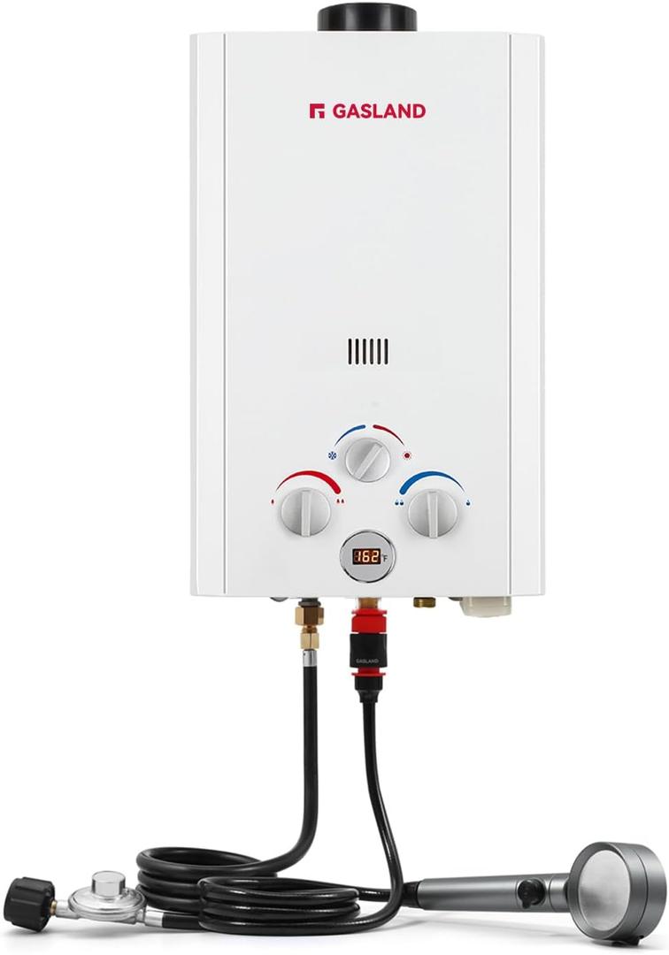 GASLAND BE264 Tankless Water Heater Propane 10L, 2.64GPM Outdoor Propane Shower for Camping & Off Grid, 68,000BTU, Digital Display, Overheating Protection, Easy Installation (White)