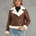 Women's Faux Shearing Moto Jacket Thick Fur Lined Coat Sherpa Leather Jacket (L)