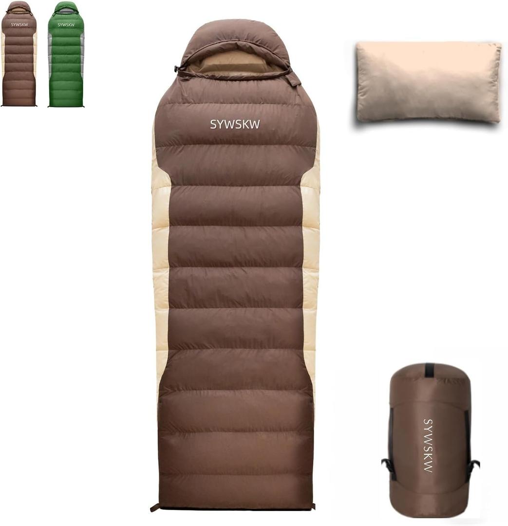 Ultralight Down Sleeping Bag with Pillow, 15F 32F 45F Sleeping Bag for Women,Men,Youth Backpacking,Hiking and Camping Outdoor with YKK Two-Way Zipper 680 FP Down (Coffee)