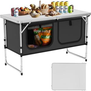 Camping Table, Folding Camping Table with Storage, Lightweight & Portable, 3 Heights Adjustable Folding Table for BBQ, Camping, Picnic and Indoor Use, Grey