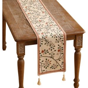 ISAENNE Designer Elegant Linen Floral Table Runner 102 Inches Long,Farmhouse Light Beige Durable Decor Table Runners for Dining Tables,Thanksgiving,Kitchen Tables,Christmas,12"*102"-Flora A