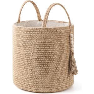 Mkono Woven Storage Basket Decorative Natural Rope Basket Wooden Bead Decoration for Blankets,Toys,Clothes,Shoes,Plant Organizer Bin with Handles Living Room Home Decor (Brown, 28 x 28cm)