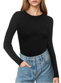 Buauty Women's Long Sleeve Crewneck Sweater 2025 Fall Ribbed Knit Fitted Shirts Slim Solid Pullovers Basic Casual Tee Tops, Size Large