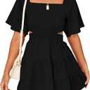 Women's Summer Dresses Square Neck Casual Short Sleeves Elastic Waist Party Mini Dress (Medium, Black)