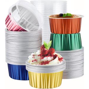 EUSOAR Disposable Ramekins with Lids, 5oz 100pcs Muffin Liners Cups Creme Brulee Foil Ramekins, Oven Safe Aluminum Cupcake Holders Baking Cups for Party Favor Birthday 5 Colors Mixed