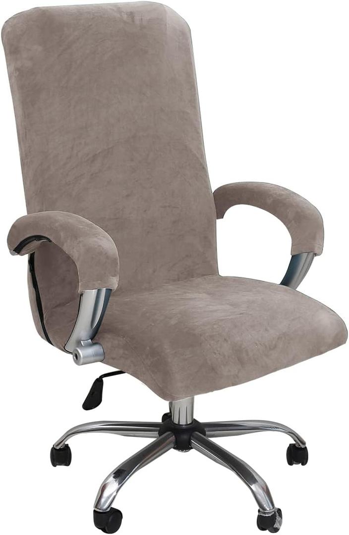 Velvet Plush Ergonomic Comfortable Office Chair Cover - Cat Proof Stretchable Protector for Mesh Office Desk Chair with Wheels and Armrest - Comfy Executive Office Chair for Adults, Khaki, XL