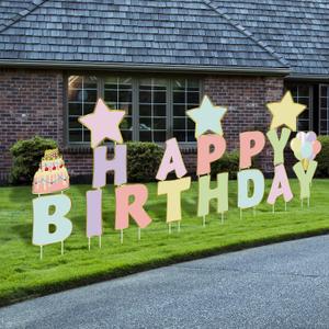 Jetec 18 Pieces Happy Birthday Yard Signs with Stakes, 16 Inches Birthday Outdoor Lawn Signs, Cake Balloon Patio Decorations, Garden Lawn Decorations for Party Outdoor Decor(Pastel Color)