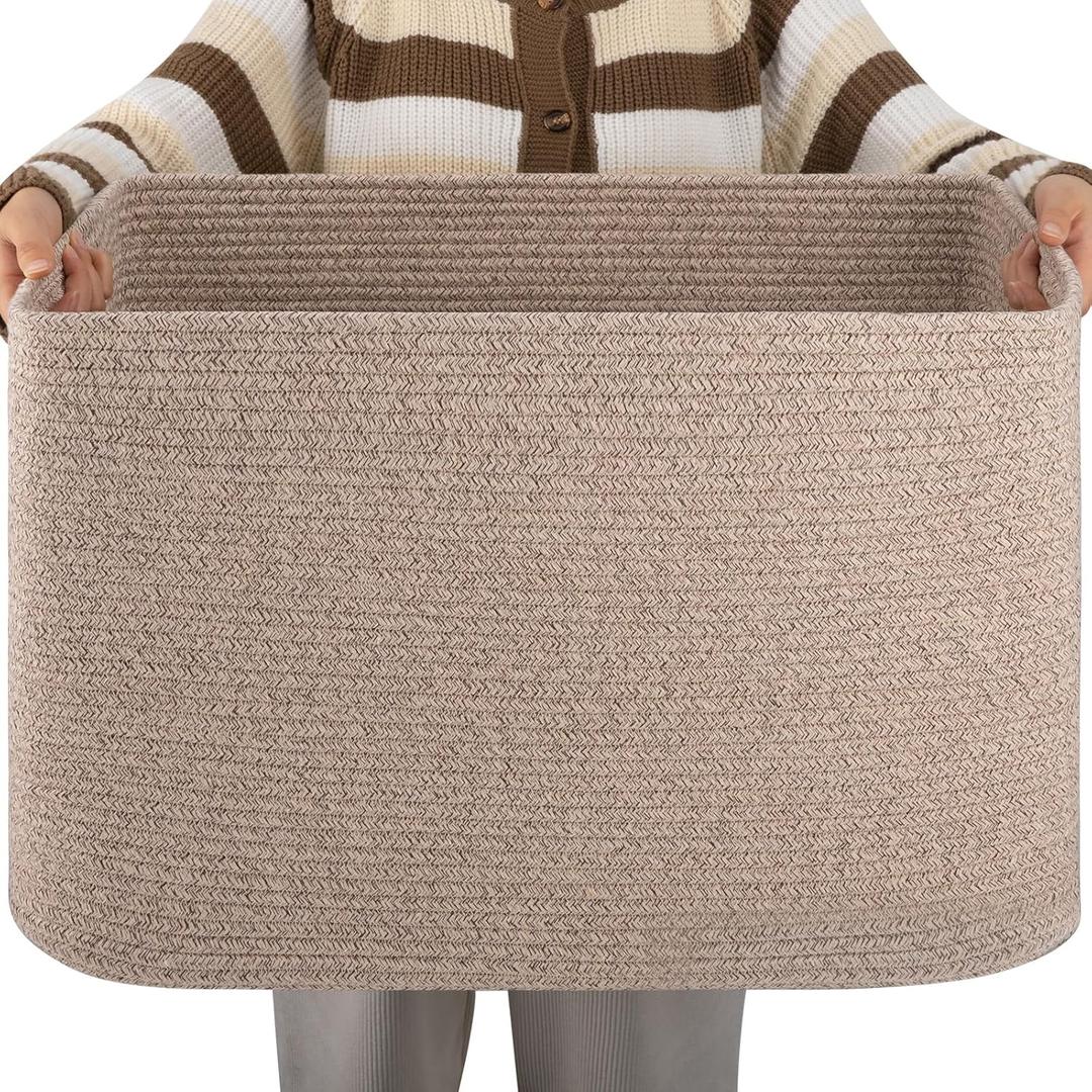 OIAHOMY XXLarge Rectangle Blanket Basket-96L, Cotton Woven Basket for Storage, Dirty Clothes Basket for Living Room, Nursery, Bedroom, Toy Organizing with Handle, 24" x 16" x 15", Brown Variegated