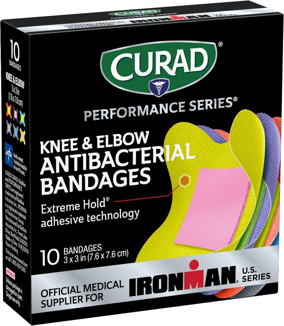 CURAD Performance Series Antibacterial Bandages, Extreme Hold Adhesive Technology, Knee & Elbow 3 inches x 3 inches, 10 Count, Ideal for Cuts, Scrapes, Sports, and Active Lifestyles