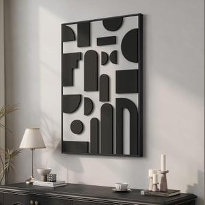 Framed 3D Black and White Abstract Wall Art, Modern Geometric Block Artwork for Walls, Minimalist Shape Pictures for Living Room Bedroom Dining Room Hallway Home Office Wall Decor, 24x36 In