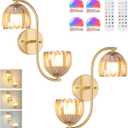 Battery Operated Wall Sconce, 2-Lights Vinatge Brass Wall Lighting Up and Down with Amber Tulip Shade for Living Room, Bedroom, Symmetrical (Pack of 2)