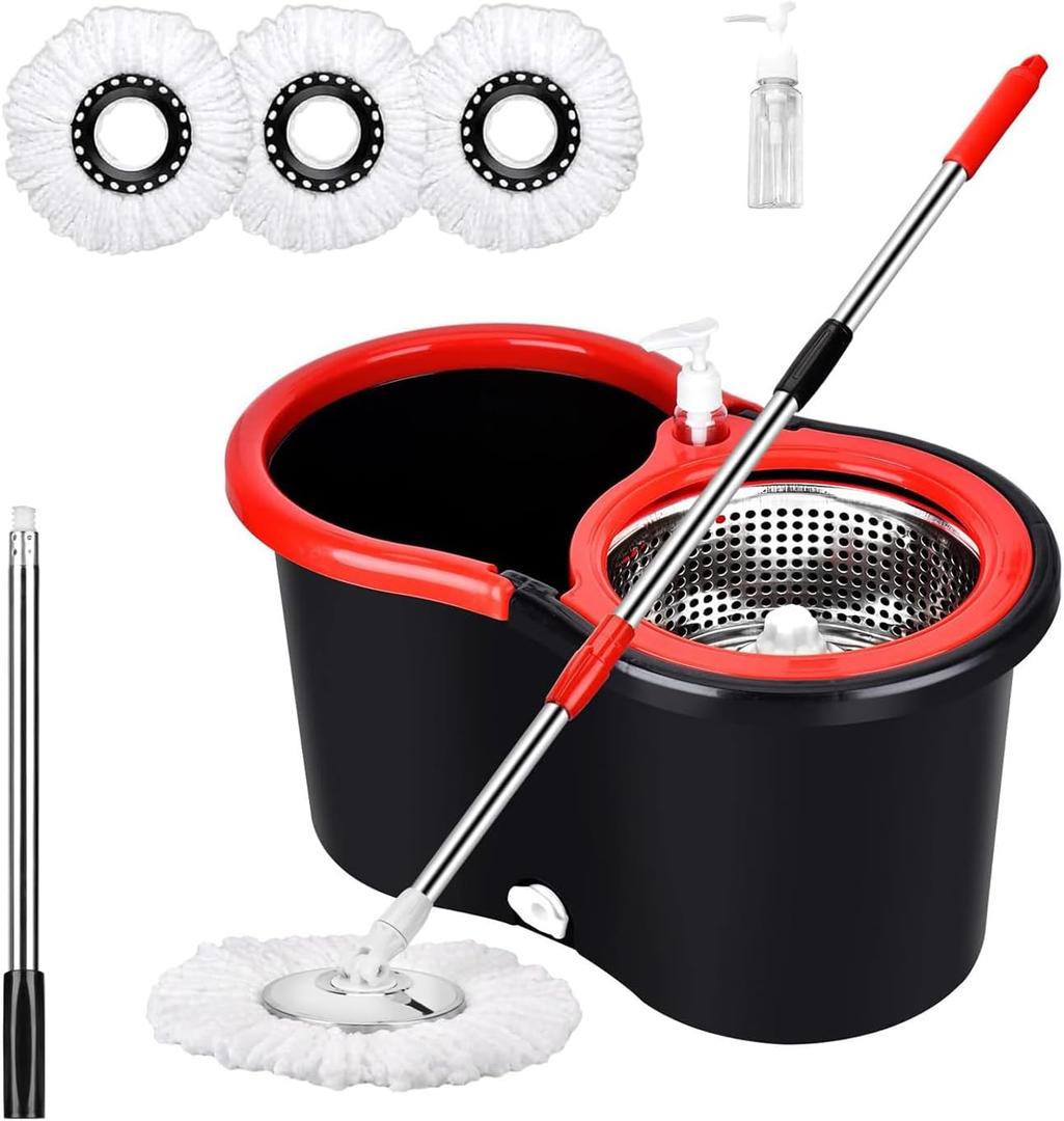 Spin Mop and Bucket Set, 360 Spin Mop and Bucket Stainless Steel,Floor Cleaning System,with 3 Replacement Heads