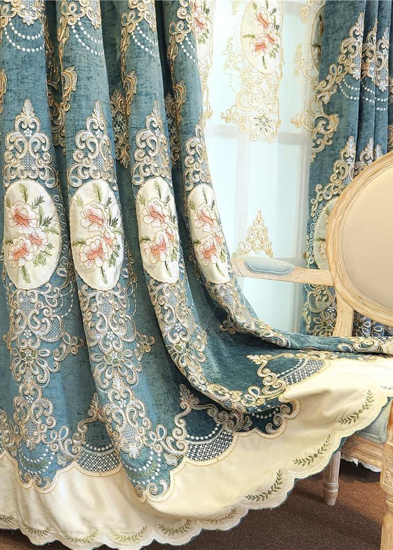 SLOW SOUL Set of 2 Panels Classical Embroidered Flowers 80% Blackout Curtains for Living Room Bedroom Dining Room Curtains High-end Chenille Curtain Grommet Top Darkcyan Cloth 49W X 96L inch