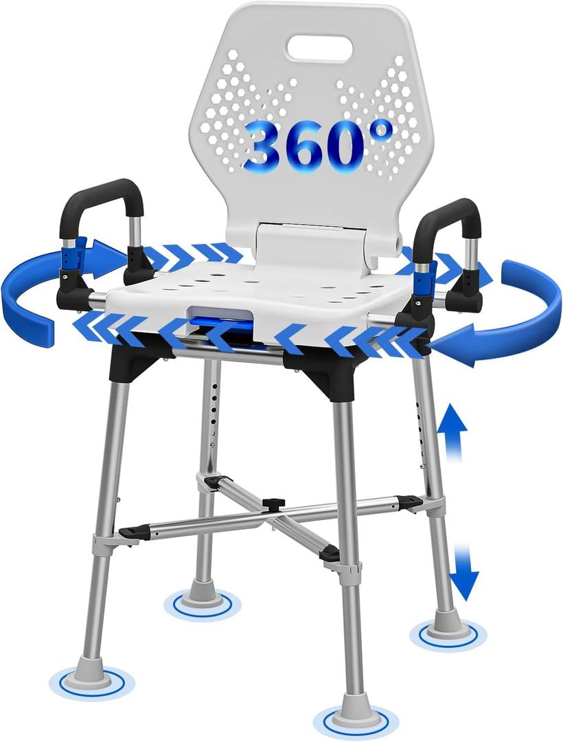 Swive Shower Chair with Arms and Back for Seniros Elderly Disabled or Bariatric Adults, Bench Seat for Inside Shower Stall and Bathroom Bath Tub Seats Adjustable Stool Heavy Duty 500 lbs sit Chairs (Large Rotation Model)