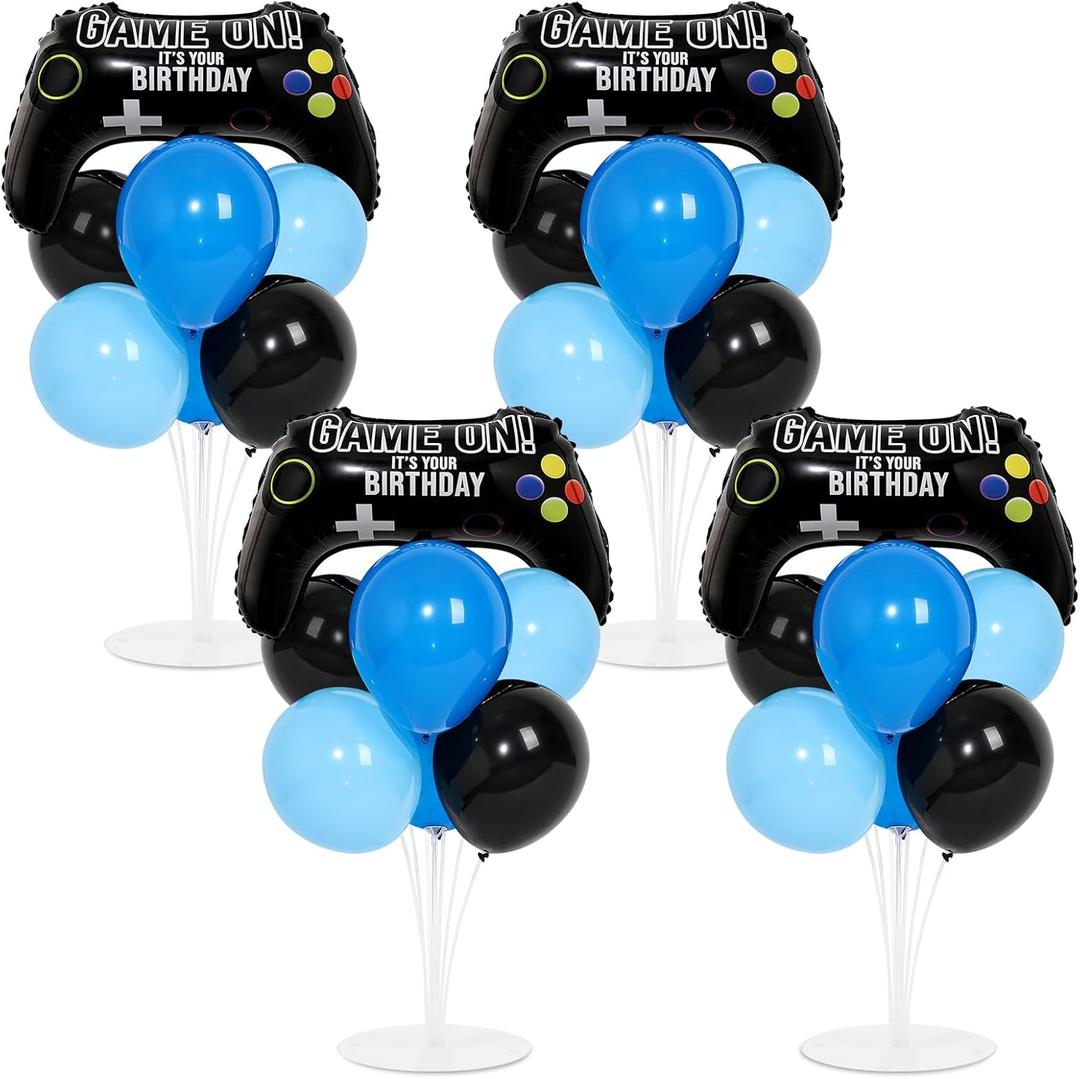 4 Sets Video Game Birthday Party Balloons Stand Kit with Game Handle Foil Balloons Black Blue Party Ball Balloon Centerpiece for Tables for Boy Girl Video Gamer Gaming Birthday Baby Shower Decoration