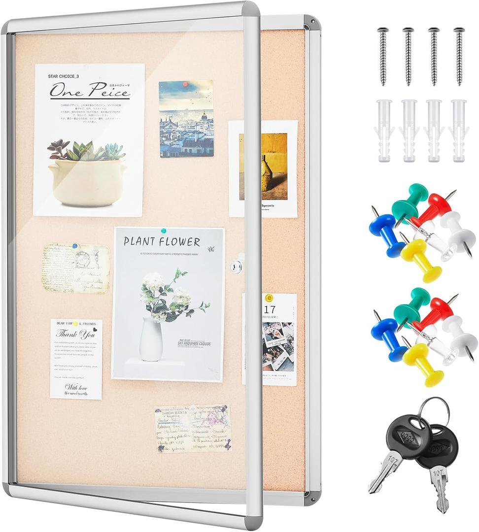 Geetery 36 x 24 Inch Enclosed Fabric Bulletin Board Tamperproof Lockable Noticeboard Fabric&Aluminium Frame Display Cases Wall-Mounted Display Case for School, Office - Secure, Durable Design(Beige)