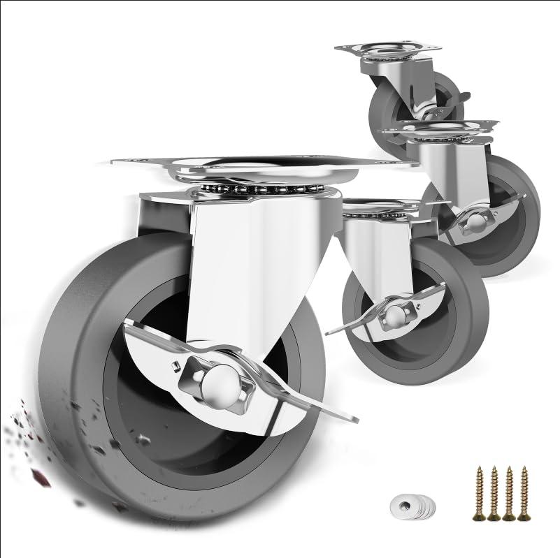 3 Inch Caster Wheels, Casters Set of 4, Heavy Duty Caster with Brake, Locking Castors with Rubber WheelPlate Swivel Caster Wheels for Furniture Cart and Workbench