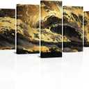 Visual Art Decor Large 5 Pieces Abstract Black and Gold Canvas Wall Art Pictures for Home Living Room Bedroom Decoration (Wave, Total 50x24)
