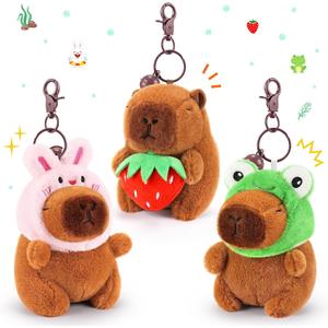 Achwishap 3PCS Capybara Plush Keychain,Cute Keychain Capybara Stuffed Animal,Soft Capybara Plush Toys Key Chain,Plushie Stuffed Toys for Birthday Valentines(Bunny Hat,Frog Hat,Holding Strawberry)