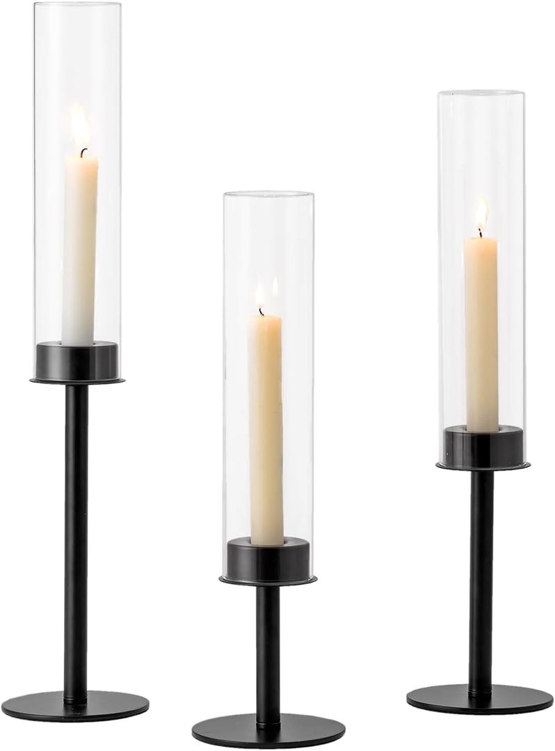 Hewory Black Candlestick Holders Hurricane Candle Holder, 3Pcs Candle Stick Candle Holder Candelabra, Taper Candle Holders with Glass Candle Cover for Wedding Table Centerpiece Christmas Decor