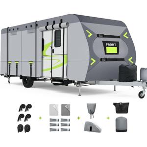 Heavy Duty 9 Layers RV Cover 14-16ft, Rip-Stop Motorhome Camper Cover with Windproof Straps, Gutter & Tongue Jack Covers, Utility Travel Trailer Cover for All Weather Protection