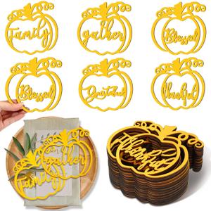 Jetec 20 Pieces Thanksgiving Plate Decor Gold Pumpkin Wood Cutouts Thankful Blessed Grateful Inspirational Letter Cutouts Place Cards Settings for Party Tablescape Plate Decor