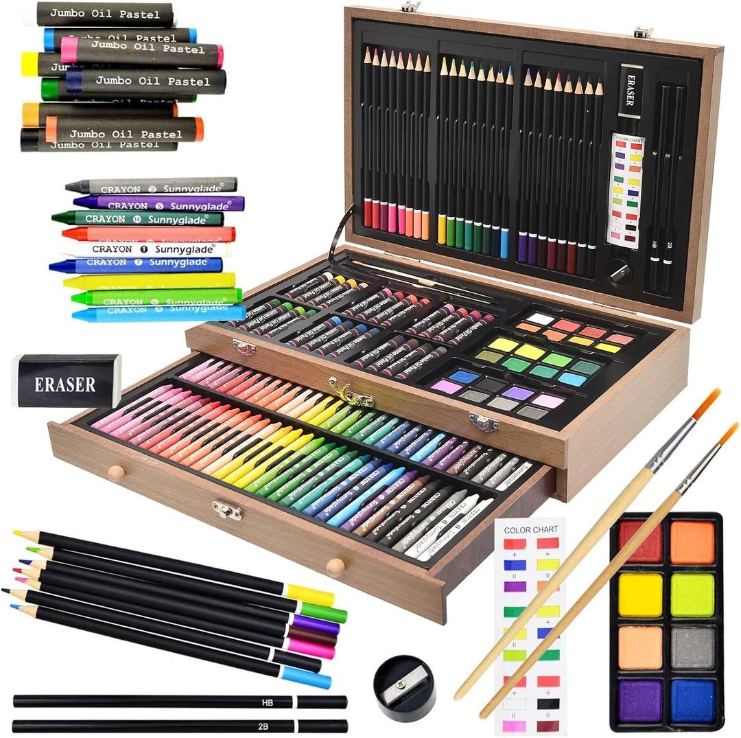 Sunnyglade 145 Piece Deluxe Art Set, Wooden Art Box & Drawing Kit with Crayons, Oil Pastels, Colored Pencils, Watercolor Cakes, Sketch Pencils, Paint Brush, Sharpener, Eraser, Color Chart (Tan)