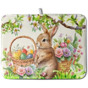 Happy Easter Bunny Kitchen Dish Drying Mat for Dishes 18x24 Inch Spring Colorful Floral Flower Basket Drying Mats Easter Eggs Dish Drainer Mat Super Absorbent Dish Rack Pad for Coffee Bar Sinks, 18" x 24", Easter Egg Bunny