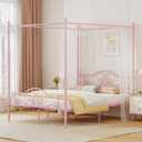 Weehom Full Canopy Bed Frame with Headboard and Footboard, Four-Poster Metal Canopied Platform Bed Mattress Foundation Underbed Storage Space No Box Spring Needed for Girls Adults Pink