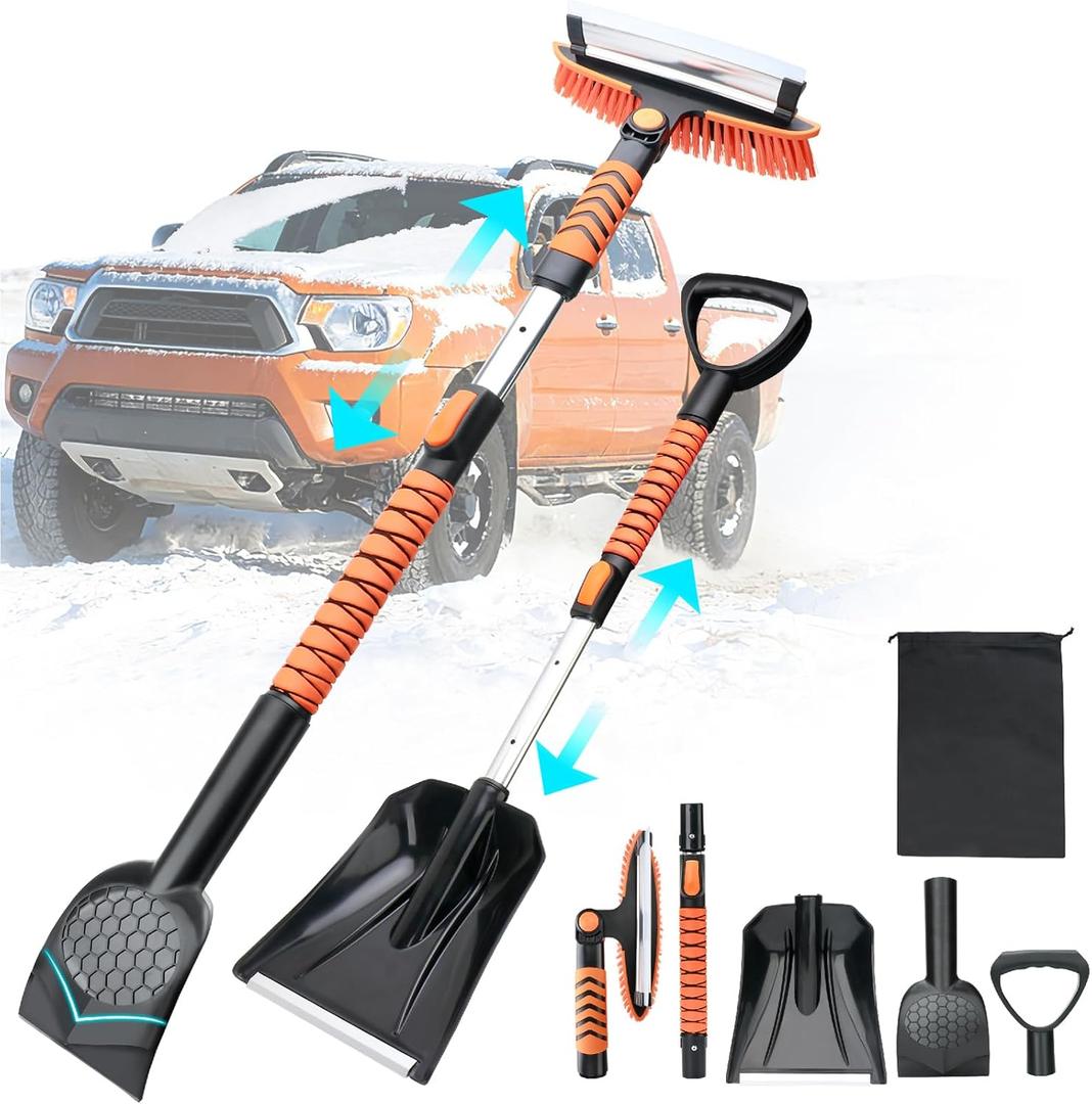 43.3'' Snow Shovel & Snow Brush with Ice Scrapers for Car Windshield,5-in-1 Extendable Thicken Aluminum Tube,180 Pivoting Brush Head & Foam Grip for Christmas, Cars, Trucks, SUVs, Vehicle(Orange