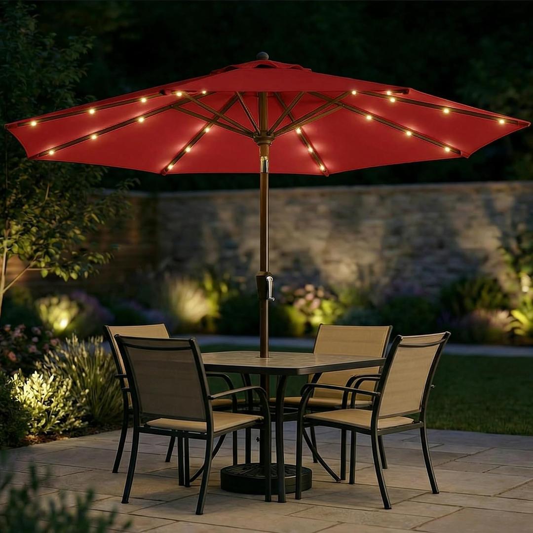11FT Solar Patio Umbrella with Lights, Outdoor Table Market Umbrella with 32 LED Lights, 8 Sturdy Ribs, Smooth Crank Lift for Pool, Deck and Garden, UV-Resistant