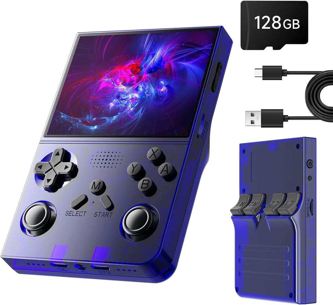 R40 Retro Handheld Game Console - Open Source System,3.5" IPS Screen, 18,000+ Classic Games, 128G TF Card, 3000mAh Battery, Portable Gaming Player for Travel, Retro Gaming Console, Blue