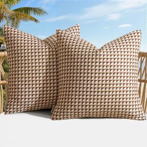 MIULEE Pack of 2 Outdoor Throw Pillow Covers Decorative Farmhouse Square Waterproof Pillows for Tent Patio Garden Balcony Sofa, 18x18 Inch Brown