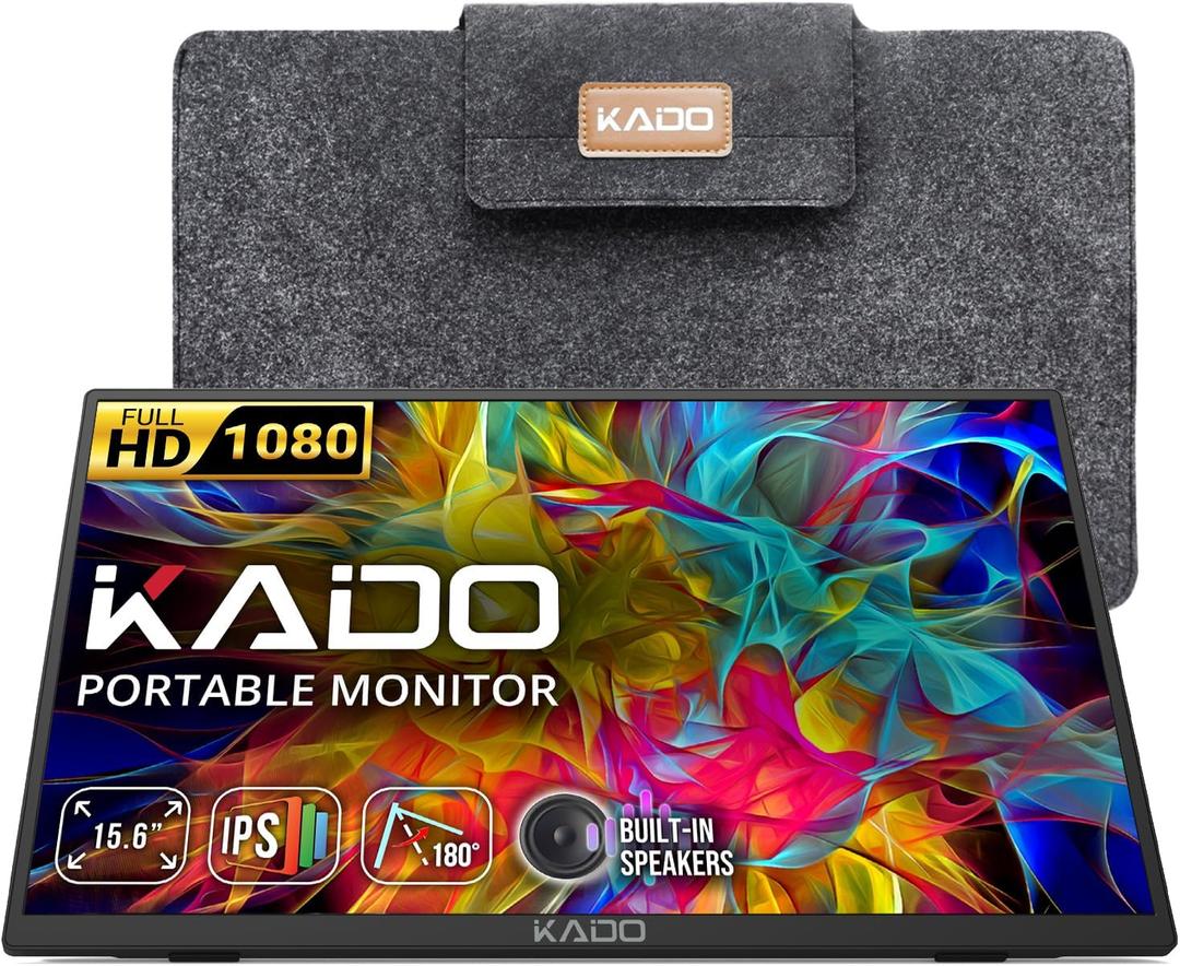 Kado Portable Monitor 15.6'' FHD 1080p, Ultra-Slim Laptop Monitor 1920x1080 with Built-in Speakers, IPS Display 180 Kickstand Wall/Arm Mount for PC, Mac, Phone, Xbox, PS5, USB-C & HDMI Connectivity Kado Portable Monitor 15.6'' FHD 1080p, Ultra-Slim Laptop Monitor 1920x1080 with Built-in Speakers, IPS Display 180 Kickstand Wall/Arm Mount for PC, Mac, Phone, Xbox, PS5, USB-C & HDMI Connectivity