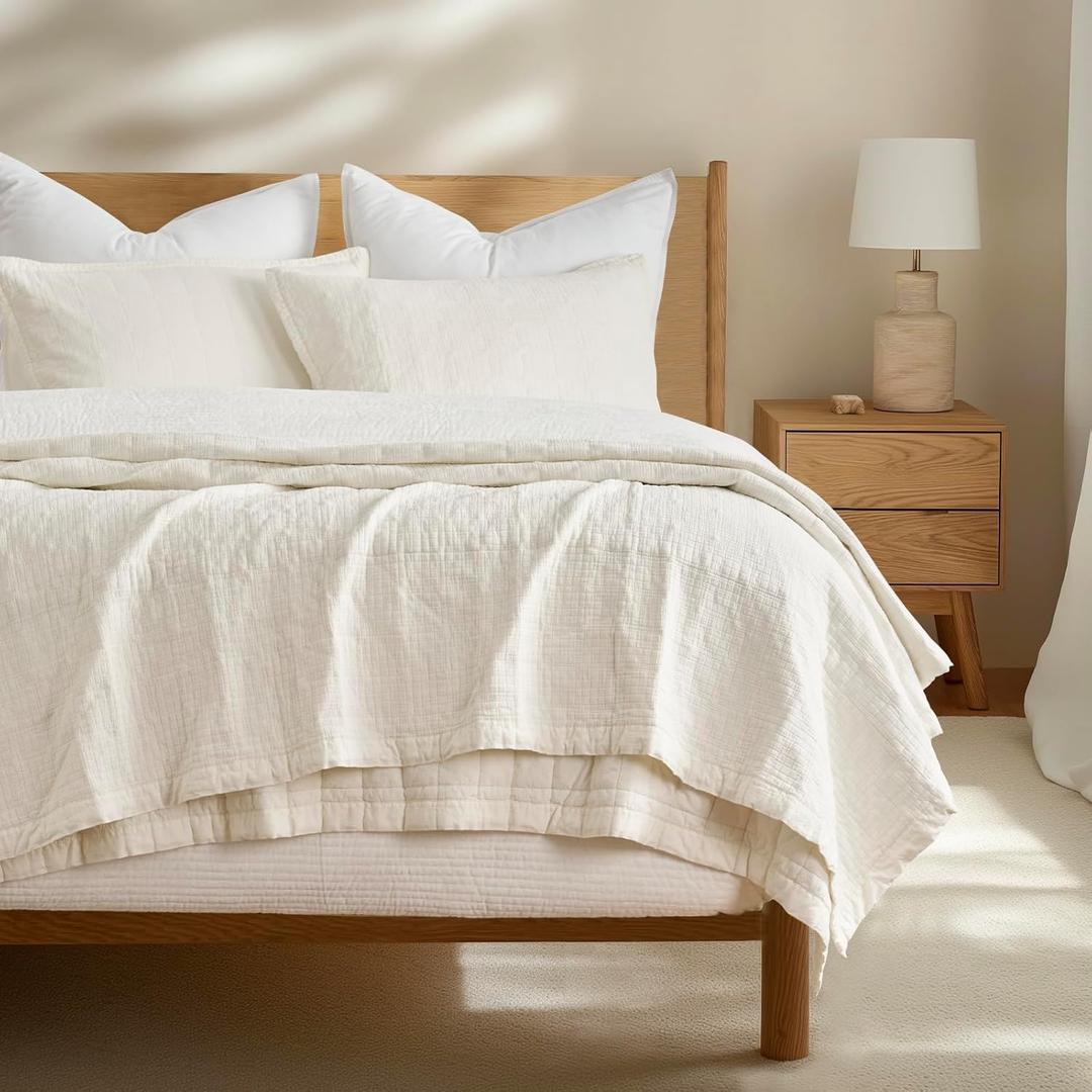Stonewashed Cotton Quilt Set King Size, Ultra Soft Oversized Bedspread Coverlet Set, Lightweight Crinkle Box Stitch Bedding Sets for All Season, with 2 Shams, Ivory White (King/Cal King (108" x 96"))