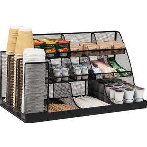 Mind Reader Cup and Condiment Station, Breakroom Countertop Organizer, 3-Tier Storage for Office Coffee Stations and Shared Spaces, Metal Mesh, Black