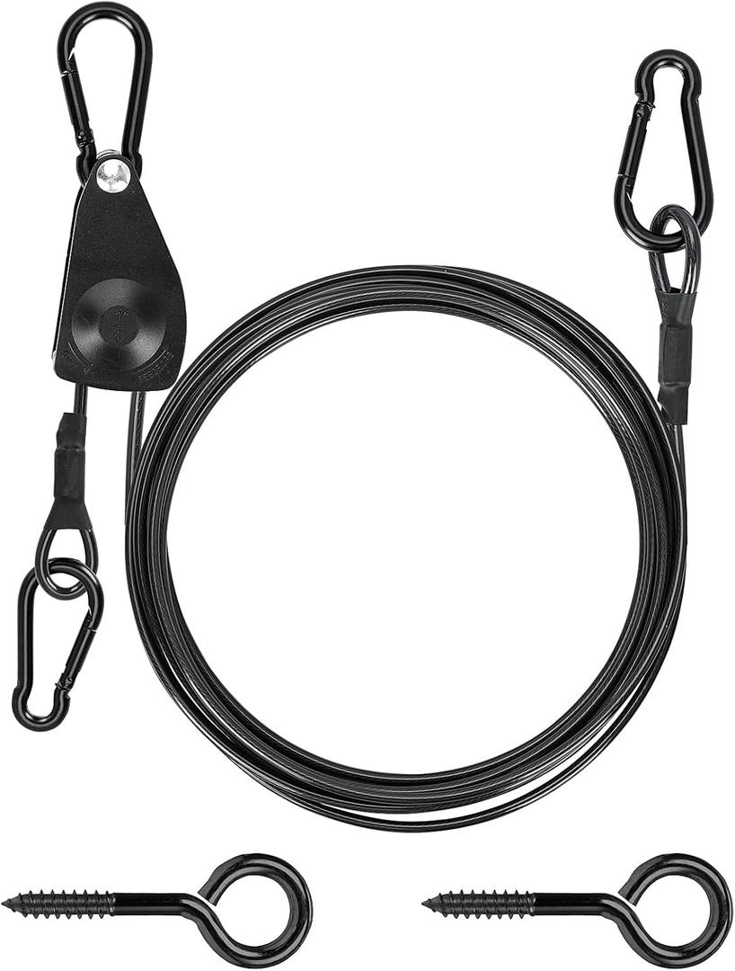 TooTaci 15ft Outdoor Clothesline Kit, 3/16" Black PVC Coated Wire Rope Portable Retractable Clothes Line Kit with Self-Locking Pulley, Screw Hook & Snap Hook for Camping, Backyard, RV, Travel