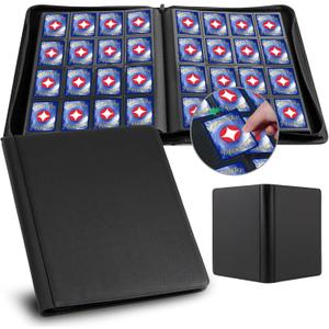 GEAoffice 16 Pocket Trading Card Binder for 1000+ Cards, Ringless Side-Loading 4x4 Card Binder with Zipper Closure, PU Leather 1024 Card Binder for MTG/TCG/Baseball/Sports&Game Cards, Black (16 Pocket - 17.5"  13.3")