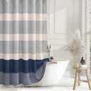 Navy Blue Shower Curtain Linen Coastal Ocean Striped Shower Curtains for Bathroom with Tassel 48 X 72