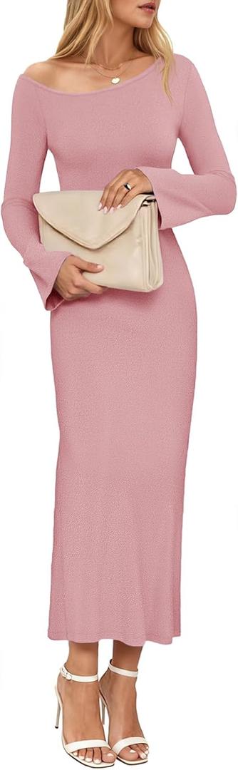 Wenrine Womens Fall Off The Shoulder Bodycon Sweater Dress 2025 Formal Long Sleeve Elegant Cocktail Party Maxi Dresses Pink (Pink)