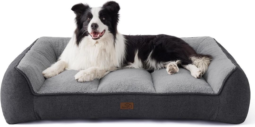 Bedsure Orthopedic Dog Beds Large Sized Dog - Extra Thick Supportive Large Dogs Bed with Waterproof Washable Cover, L Plus Comfort Pet Bed Sofa with Soft Plush Sherpa and Nonskid Bottom, Grey, 38"