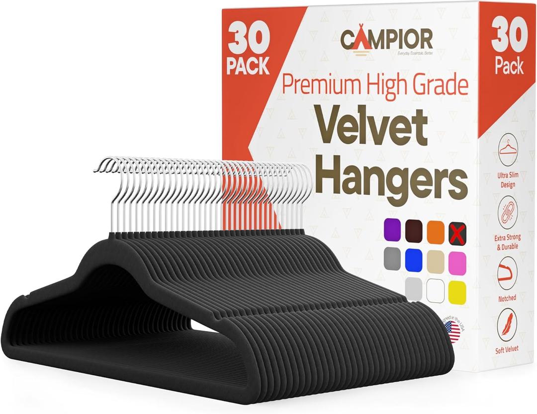 Black Velvet Hangers 30 Pack  360 Swivel Hook, Non-Slip and Space Saving Hangers, Heavy-Duty 11 lbs Weight Capacity - Smooth Velvet Finish for Crease-Free Clothes and Effortless Closet Organization