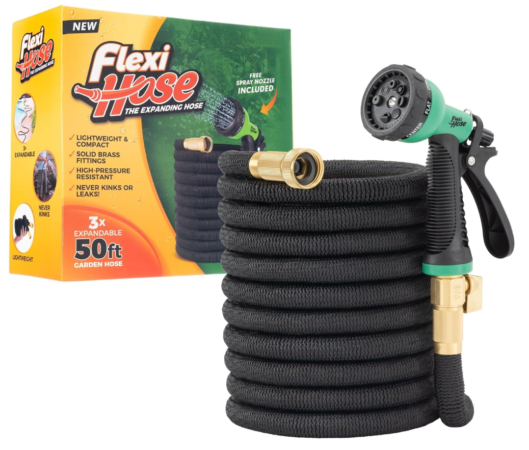 Flexi Hose Expandable Garden Hose with 8 Function Nozzle, 50FT  Lightweight Retractable Garden Hose, Water Hose  NoKink Flexibility, 3/4 Inch Solid Brass Fittings and Double Latex Core