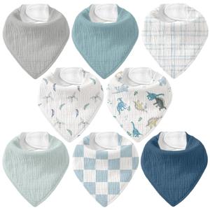 Muslin Baby Bibs 8 Pack, Baby Bandana Drool Bib for Drooling and Teething, Cotton Soft Absorbent for Girls Boys BC (A Blue Dinosaur)