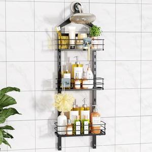 ODesign 3 Tier Height-Adjustable Shower Caddy Hanging Hanger Anti-Swing-Over The Shower Head Caddy-Shower Storage Organizer Bathroom Shelves Basket Rack Shower Caddies-Black, 11.9" x 4.84" x 36.2"
