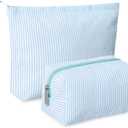 Huhumy 2 Pcs Makeup Bag Set Cute Cosmetic Pouch for Women Seersucker Travel Toiletry Bag Preppy Small Makeup Purse Pouch Aesthetic Skincare Brushes Storage Organizer for Valentine Women(Light Blue)