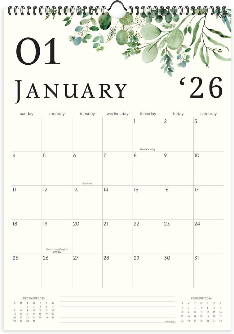 Wall Calendar 2026-2027, 18 Months, Runs From January 2026 to June 2027, 17" x 12" Large Wall Calendar with Hanger, Thick Paper and Spiral Binding. Watercolor Eucalyptus Design.