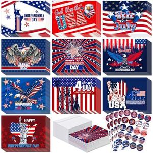 Yeaqee 100 Pack 4th of July Patriotic Greeting Cards with with Envelopes and Stickers American Flag Thank You Cards 250th Anniversary Red White and Blue Card for Independence Day Memorial Day