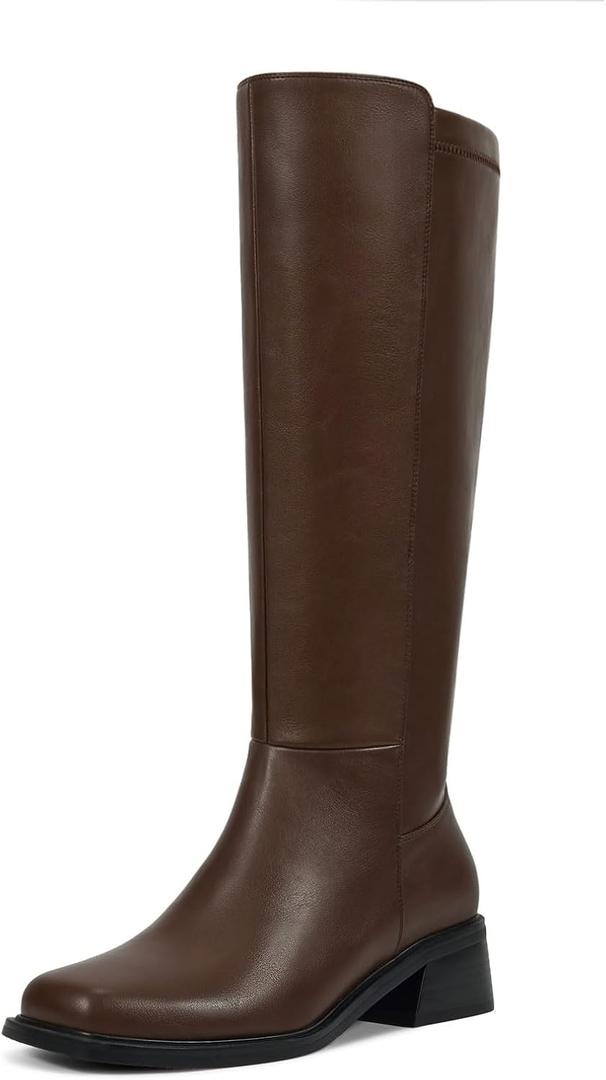 ISNOM Brown Knee High Boots for Women Chunky Low Heel Square Toe Elastic Boots Side Zipper Faux Leather Fashion Comfortable Fall Long Tall Boot (Brown Size7)